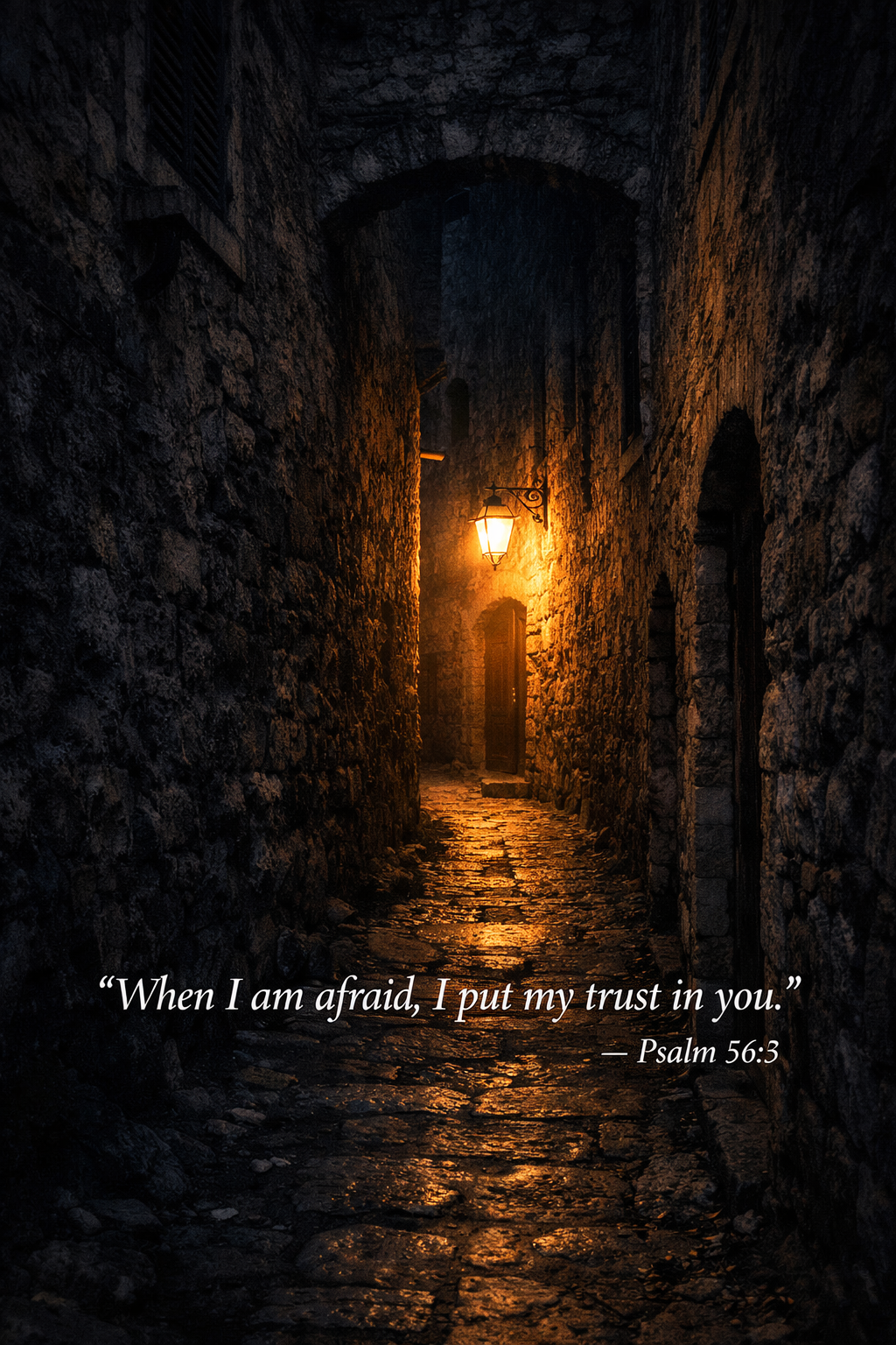 Narrow alley between old stone buildings at night single street lamp glowing warmly at far end dark walls both sides light certain -- Psalm 56:3 vertical wallpaper